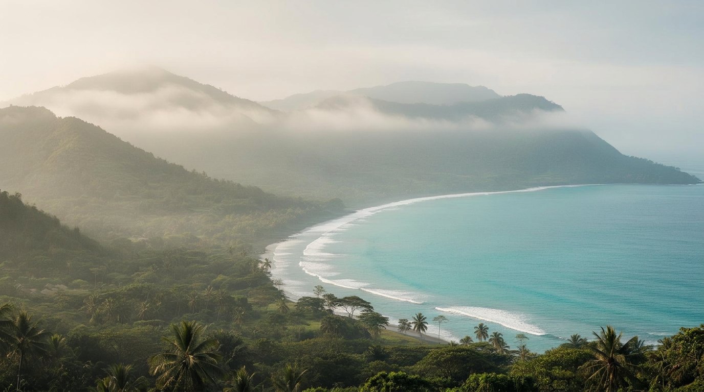 Kuststrook van Zuid-Lombok bij vroege ochtend