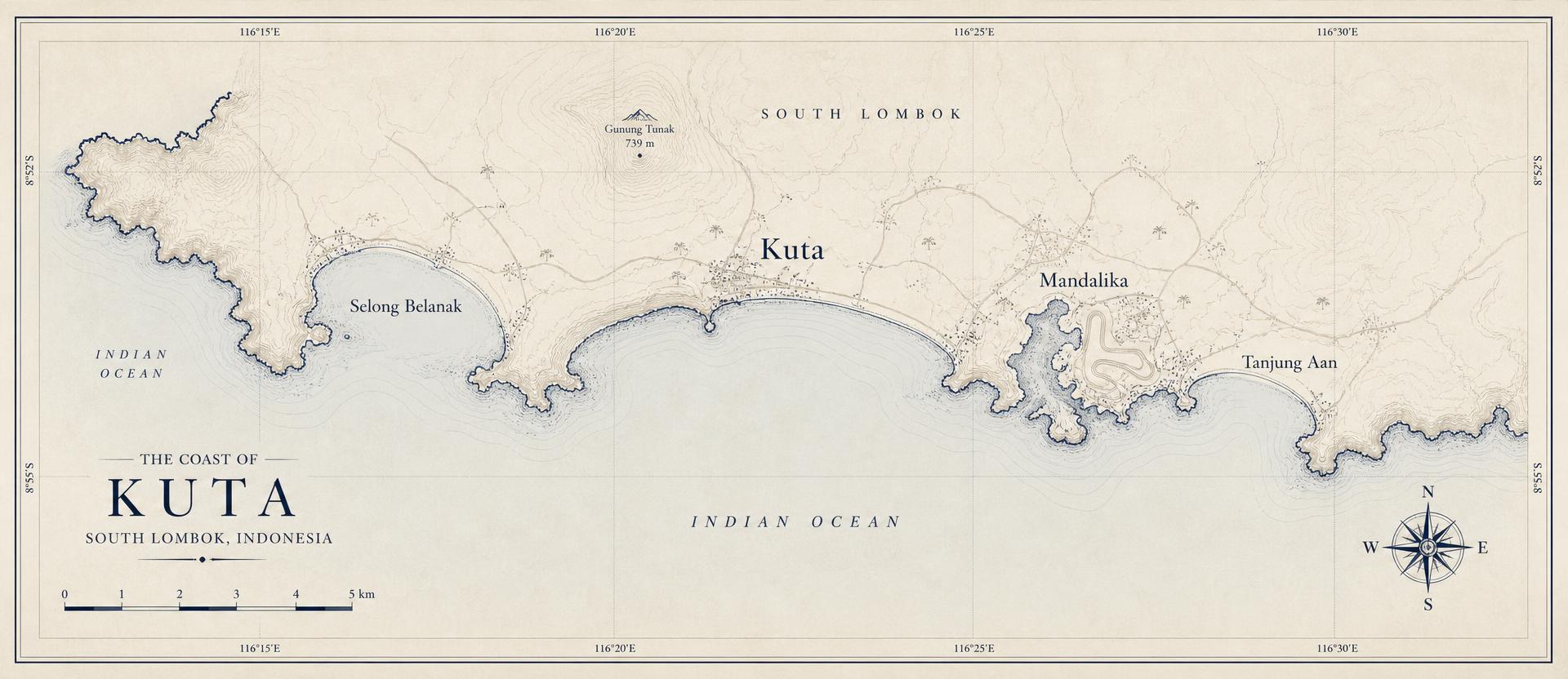 Kaart van Kuta en de zuidkust van Lombok, Indonesië